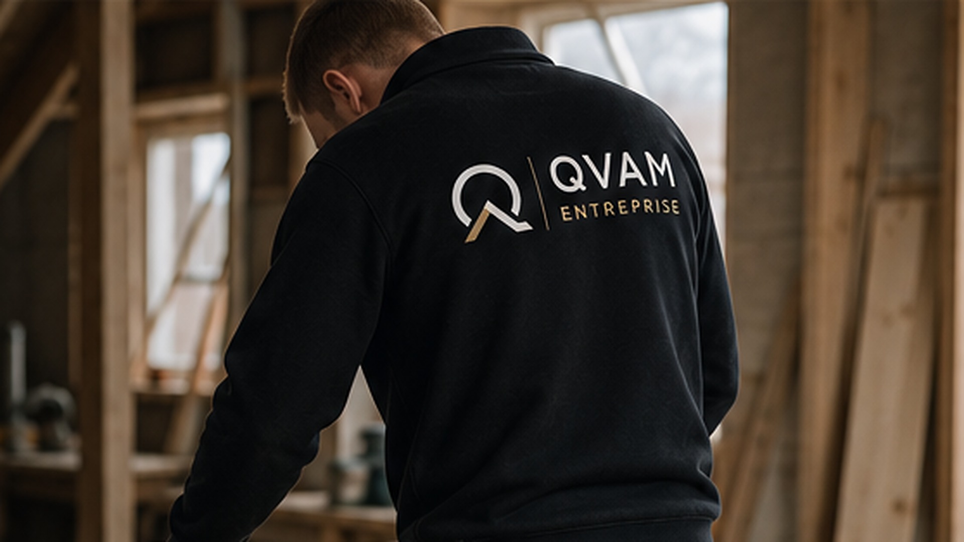 Tømrer fra Qvam Entreprise i arbejde på tagkonstruktion