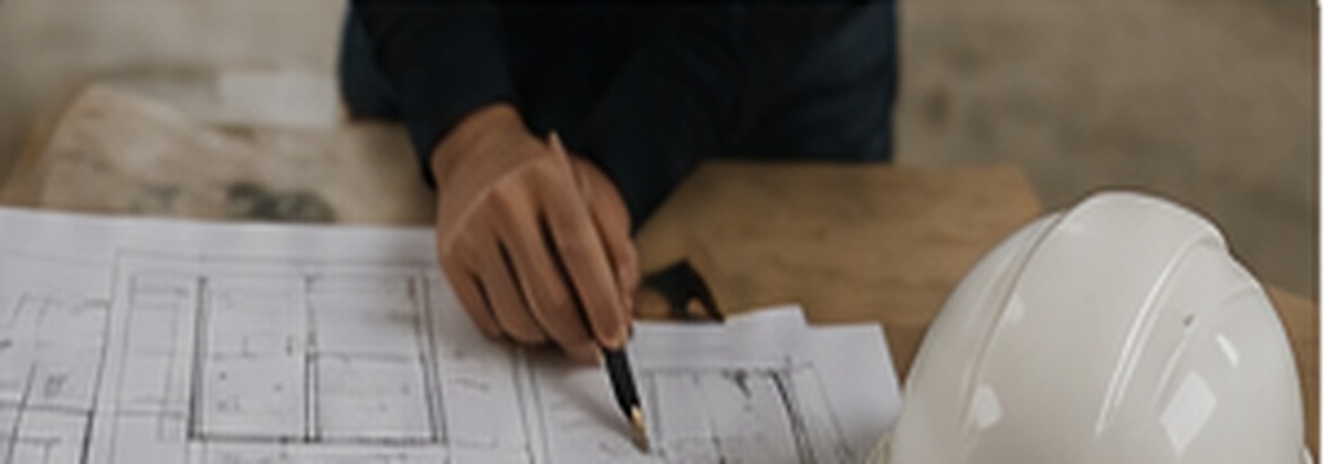 Byggetegning og hjelm på et bord